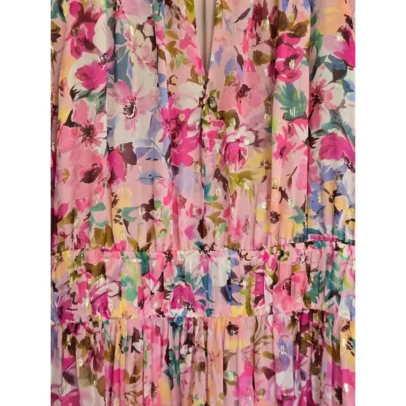 Shoshanna Silk Floral Midi Dress Pink Ruched Keyhole Size 8 - Picture 5 of 8